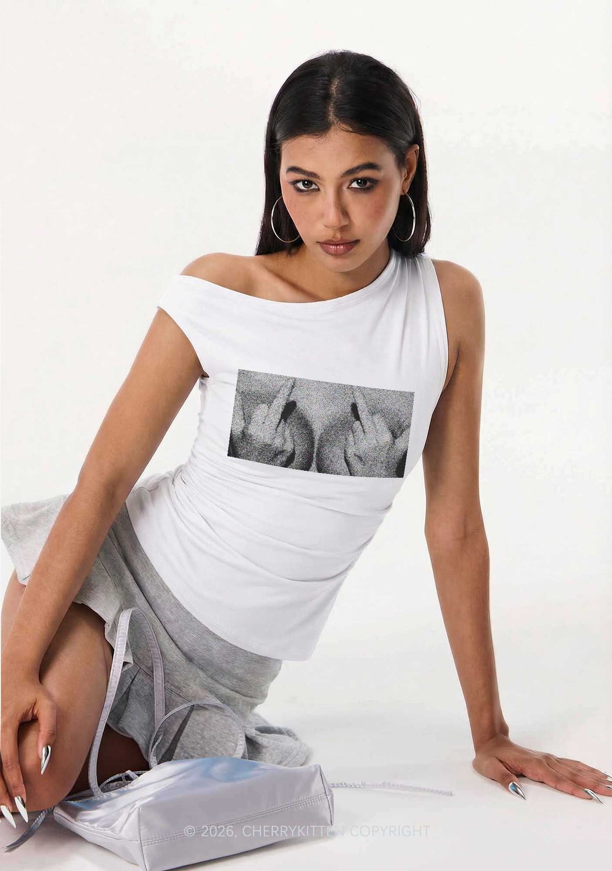 Middle Finger Bxxbs Y2K Off Shoulder Tank Top Cherrykitten