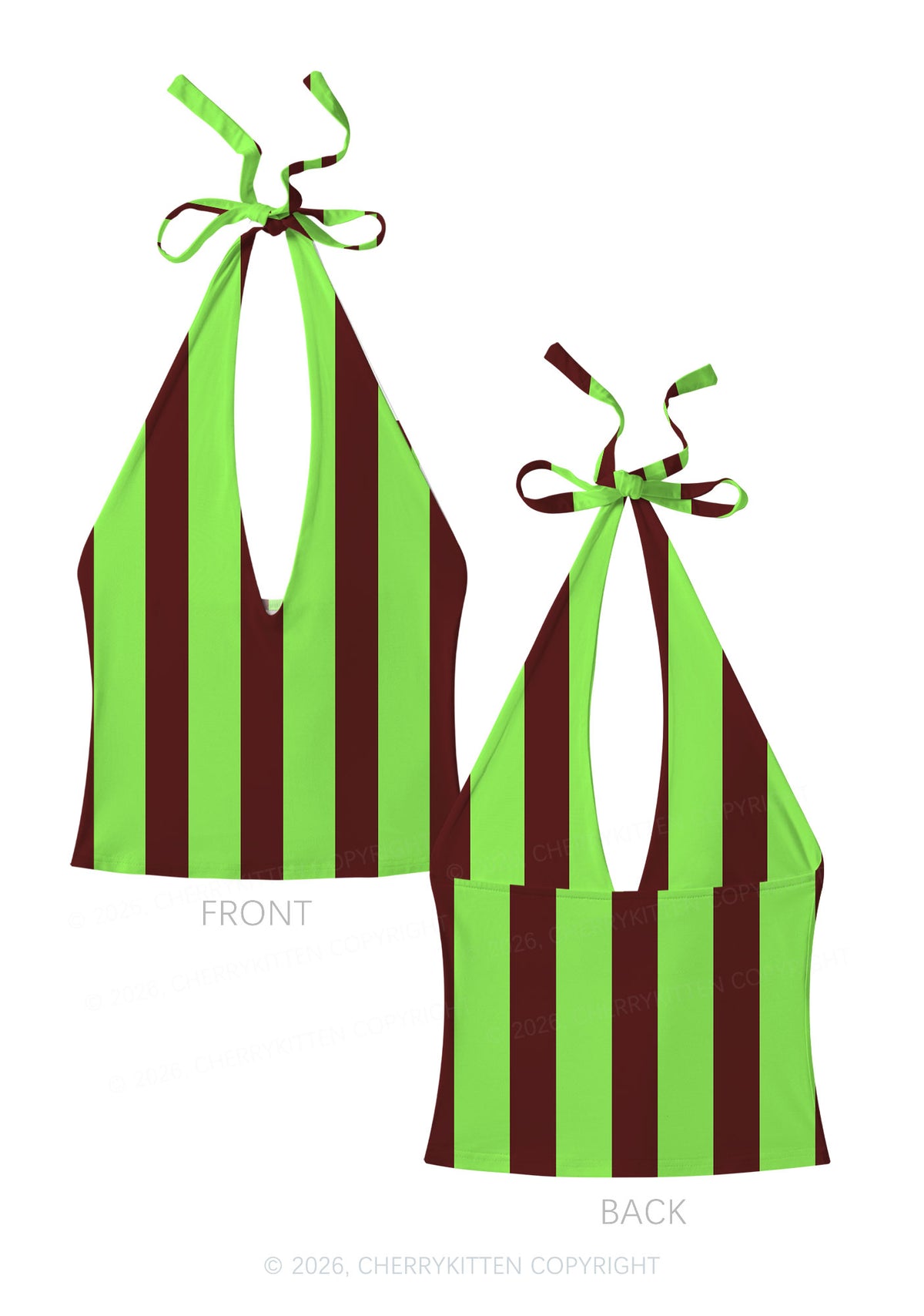 Green Brown Stripes Y2K Print Halter Deep V Neck Cami Cherrykitten