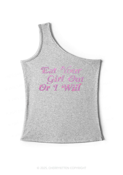 Rhinestone Eat Your Girl Out Y2K One Shoulder Tank Top Cherrykitten