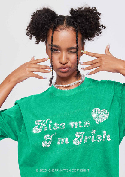 Rhinestone Kiss Me St Patricks Y2K Shirts Washed Tee Cherrykitten
