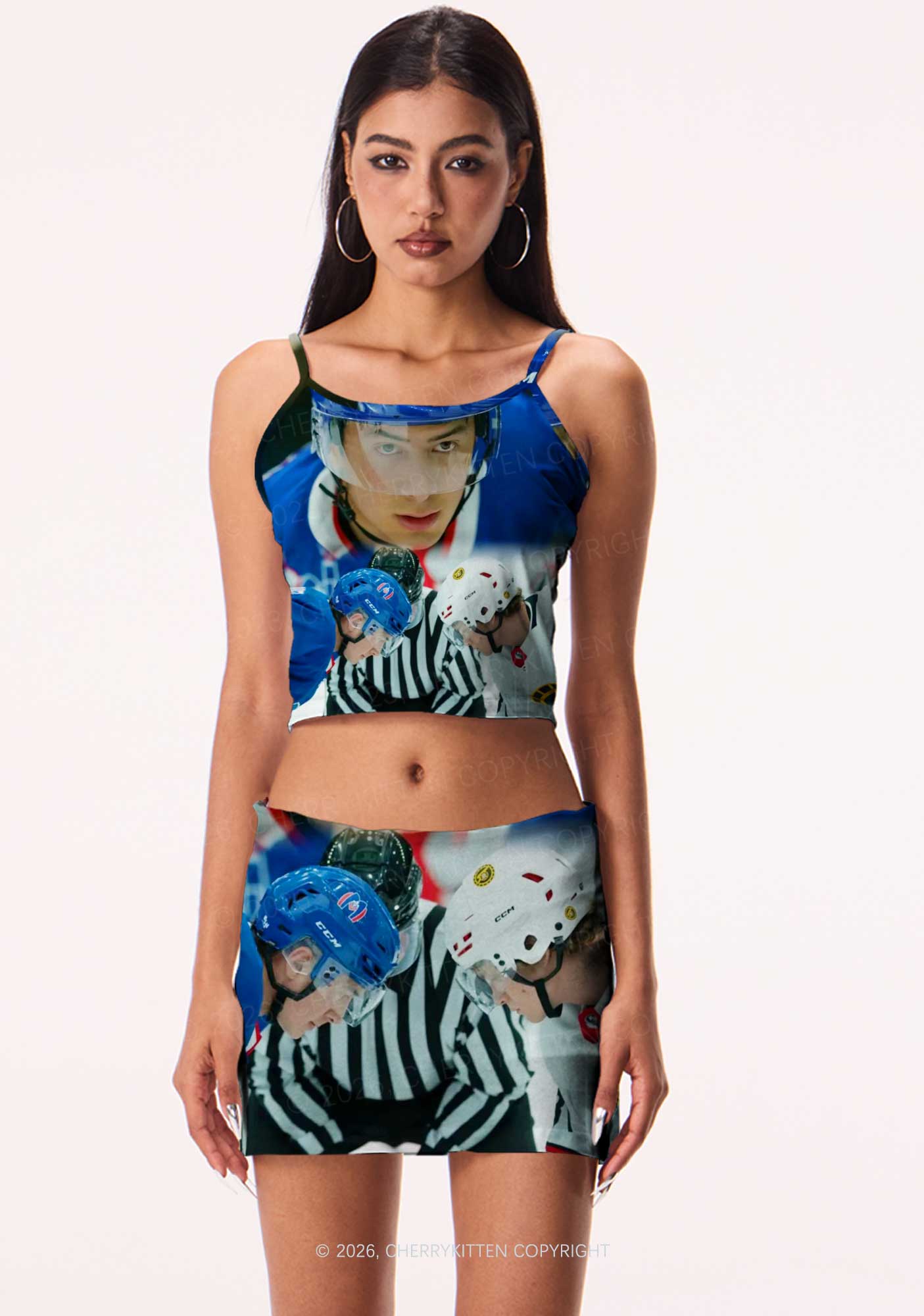 Blue And White Hockey Shirt HR Y2K Print Cami Crop Top Cherrykitten