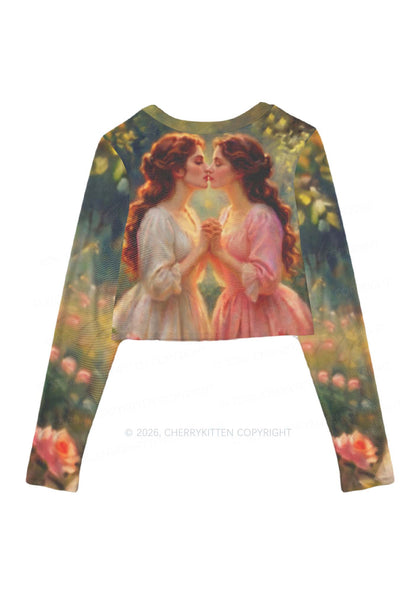 Girls Holding Hands Kissing Pride Y2K Mesh Long Sleeve Crop Top Cherrykitten