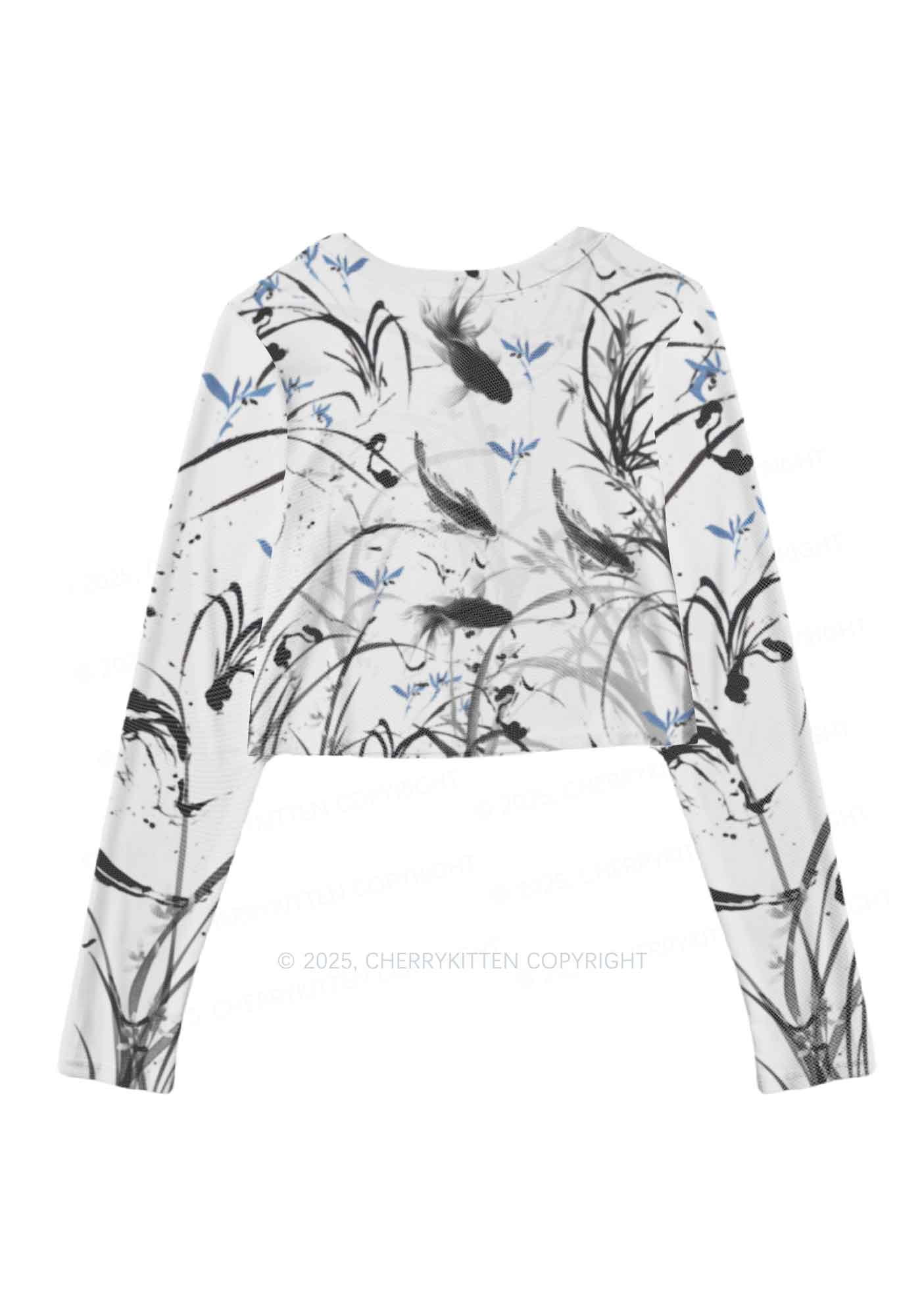 Ink Carp Y2K Mesh Long Sleeve Crop Top Cherrykitten