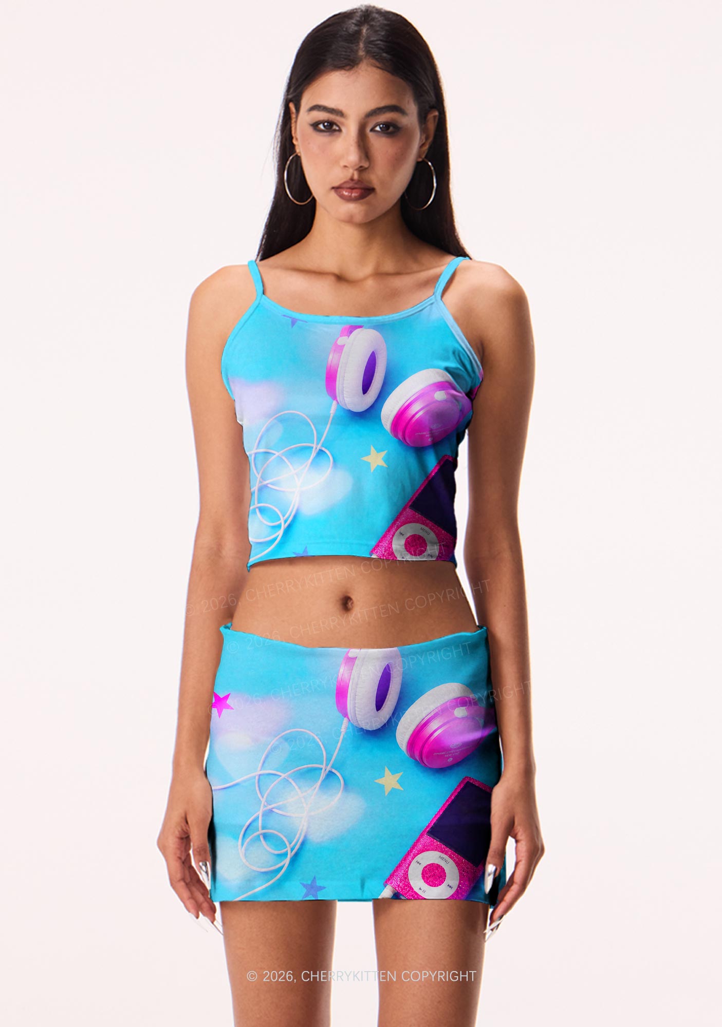 Retro Pink Headphone Y2K Print Mini Skirt Cherrykitten