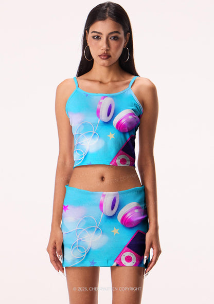 Retro Pink Headphone Y2K Print Mini Skirt Cherrykitten