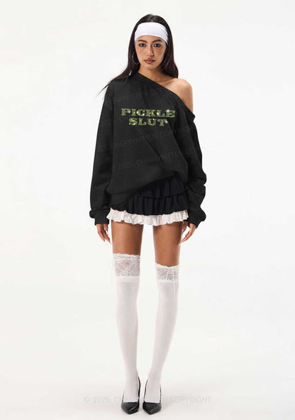 Rhinestone Pickle Slxt Y2K Off Shoulder Sweatshirts Cherrykitten