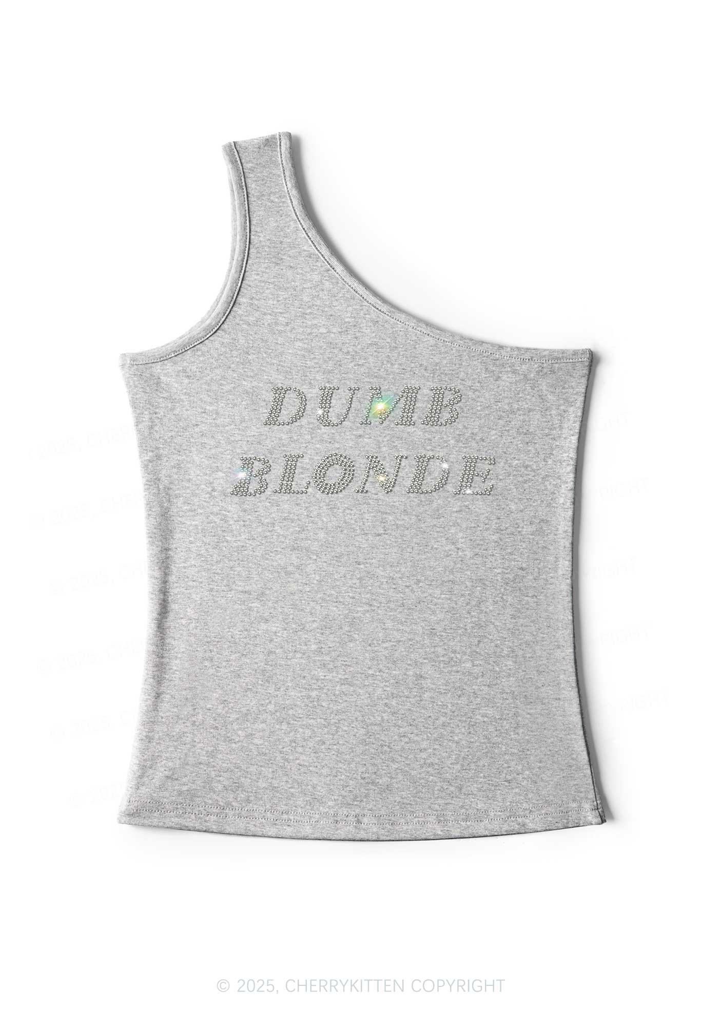 Rhinestone Dumb Blonde Y2K One Shoulder Tank Top Cherrykitten