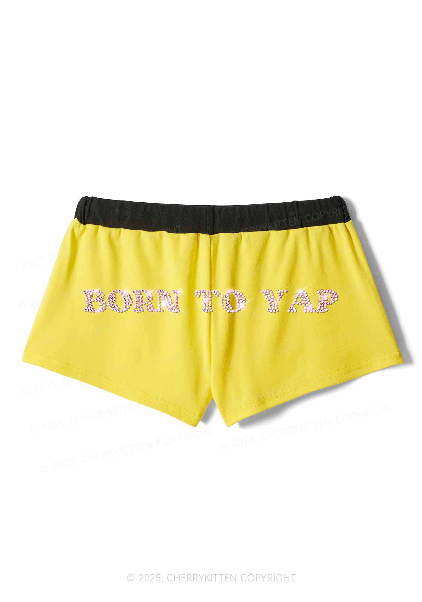 Rhinestone Born To Yap Y2K Drawstring Mini Shorts Cherrykitten