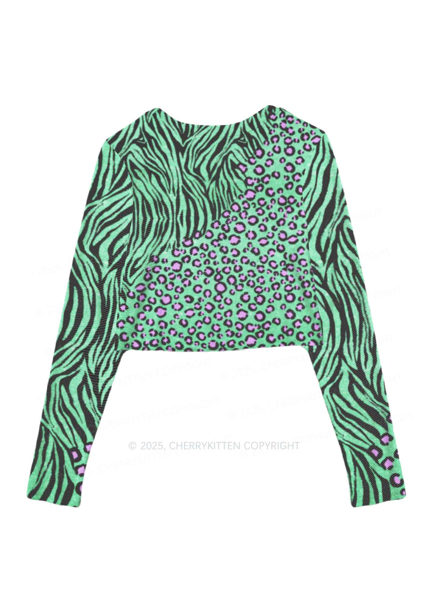 Mint Leopard Y2K Mesh Long Sleeve Crop Top Cherrykitten