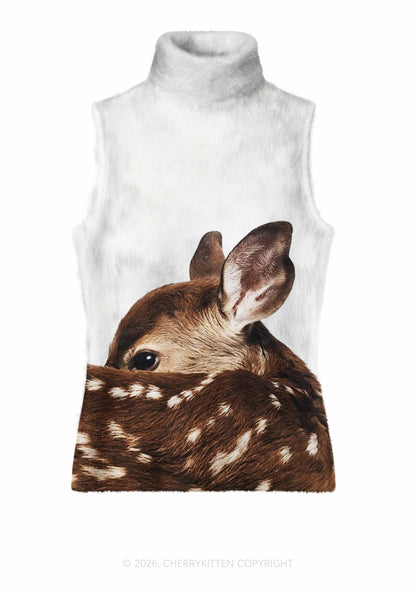 Spotted Fawn Deer Y2K Knit Turtleneck Tank Top Cherrykitten