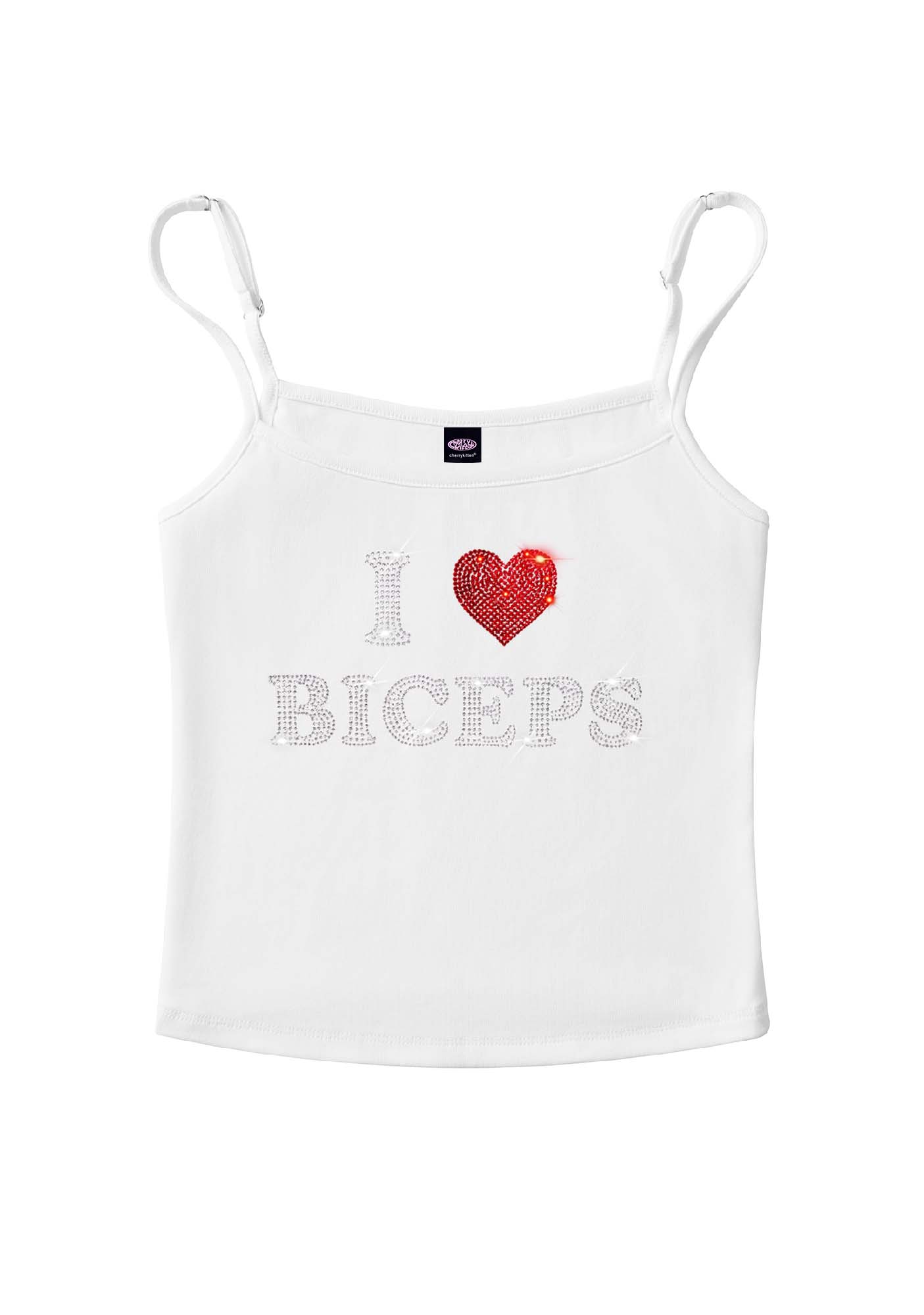 Rhinestone I Love Biceps Y2K Spaghetti Strap Cami Cherrykitten