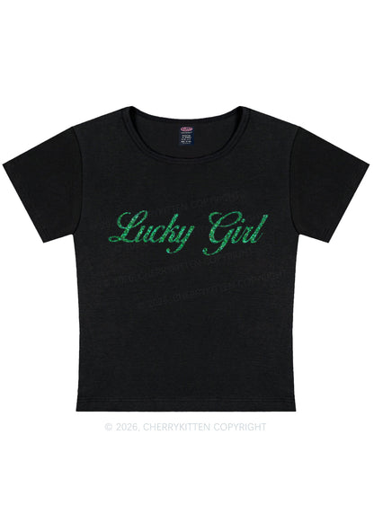 Glitter Lucky Girl St Patricks Y2K Baby Tee Cherrykitten