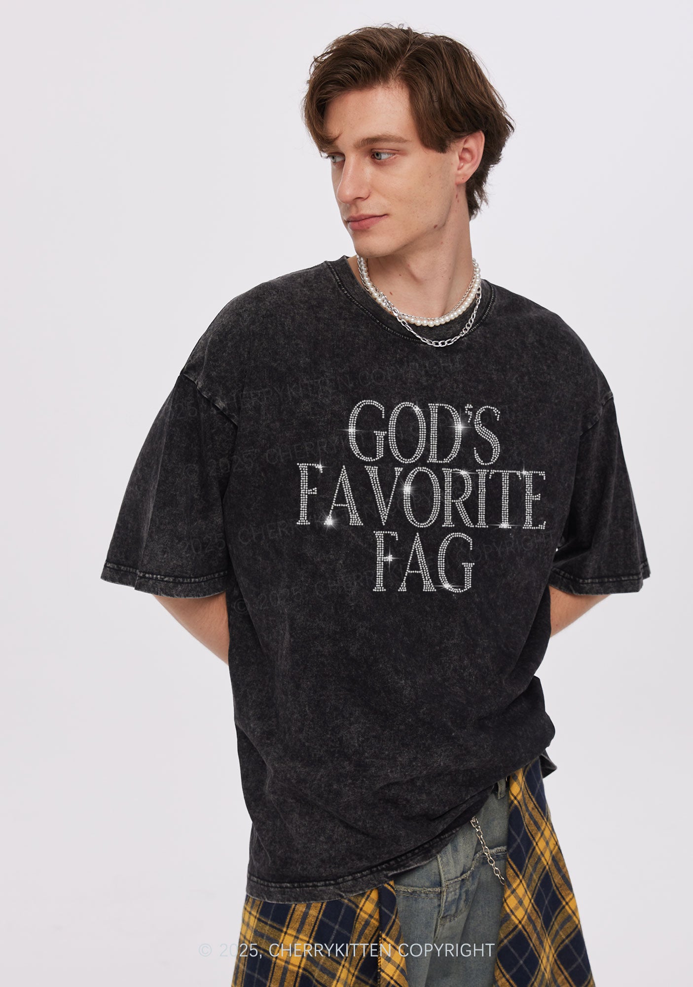 Rhinestone Gods Favorite Fag Pride Y2K Shirts Washed Tee Cherrykitten