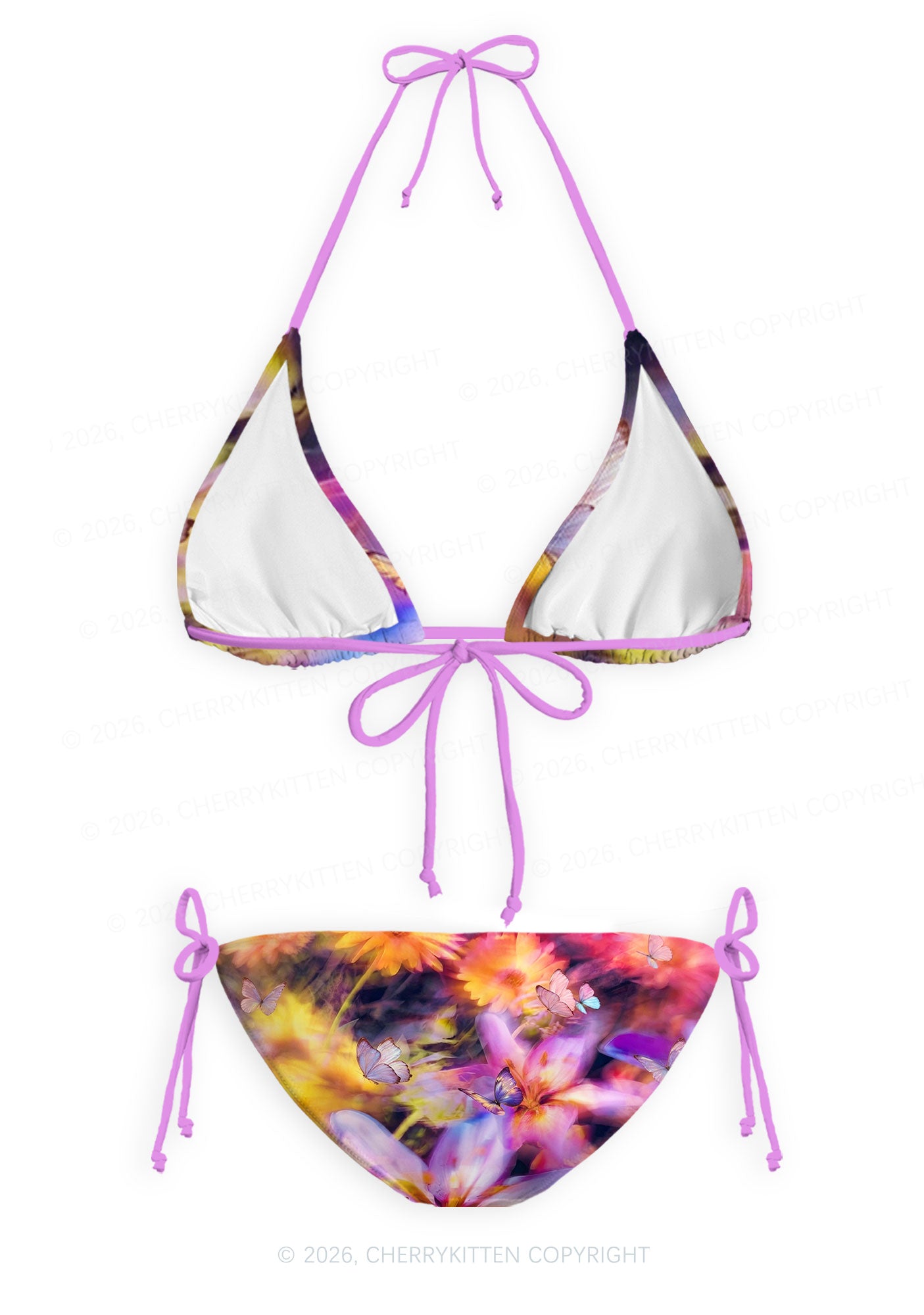 Purple Floral Butterfly Y2K Print Bikini Set Cherrykitten
