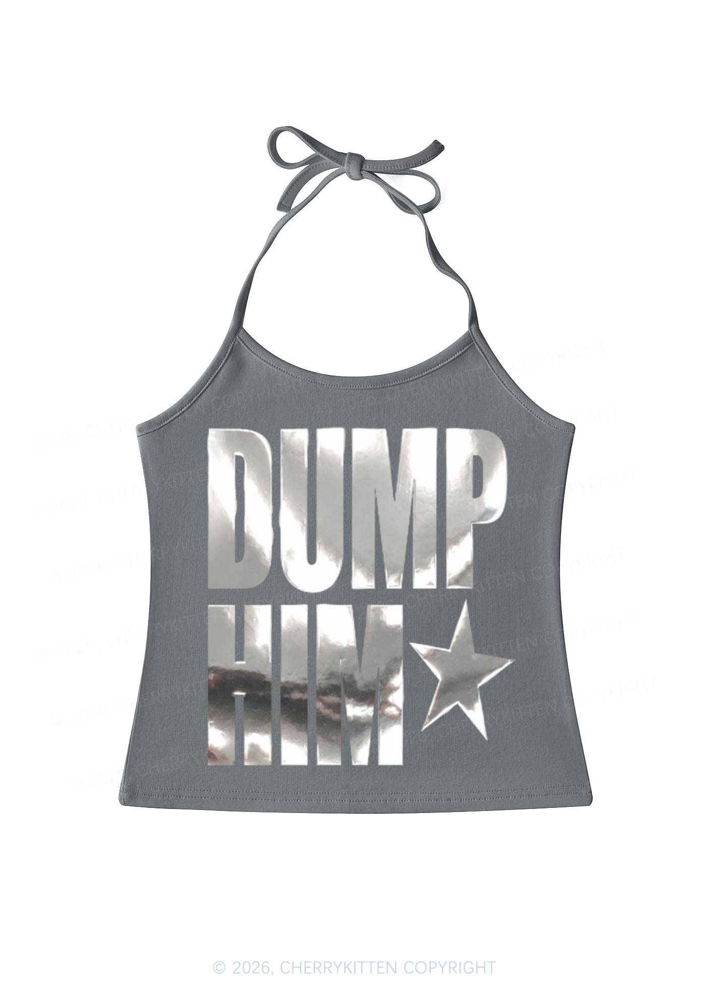 Dump Him Silver Foil Printed Y2K Halter Neck Cami Cherrykitten