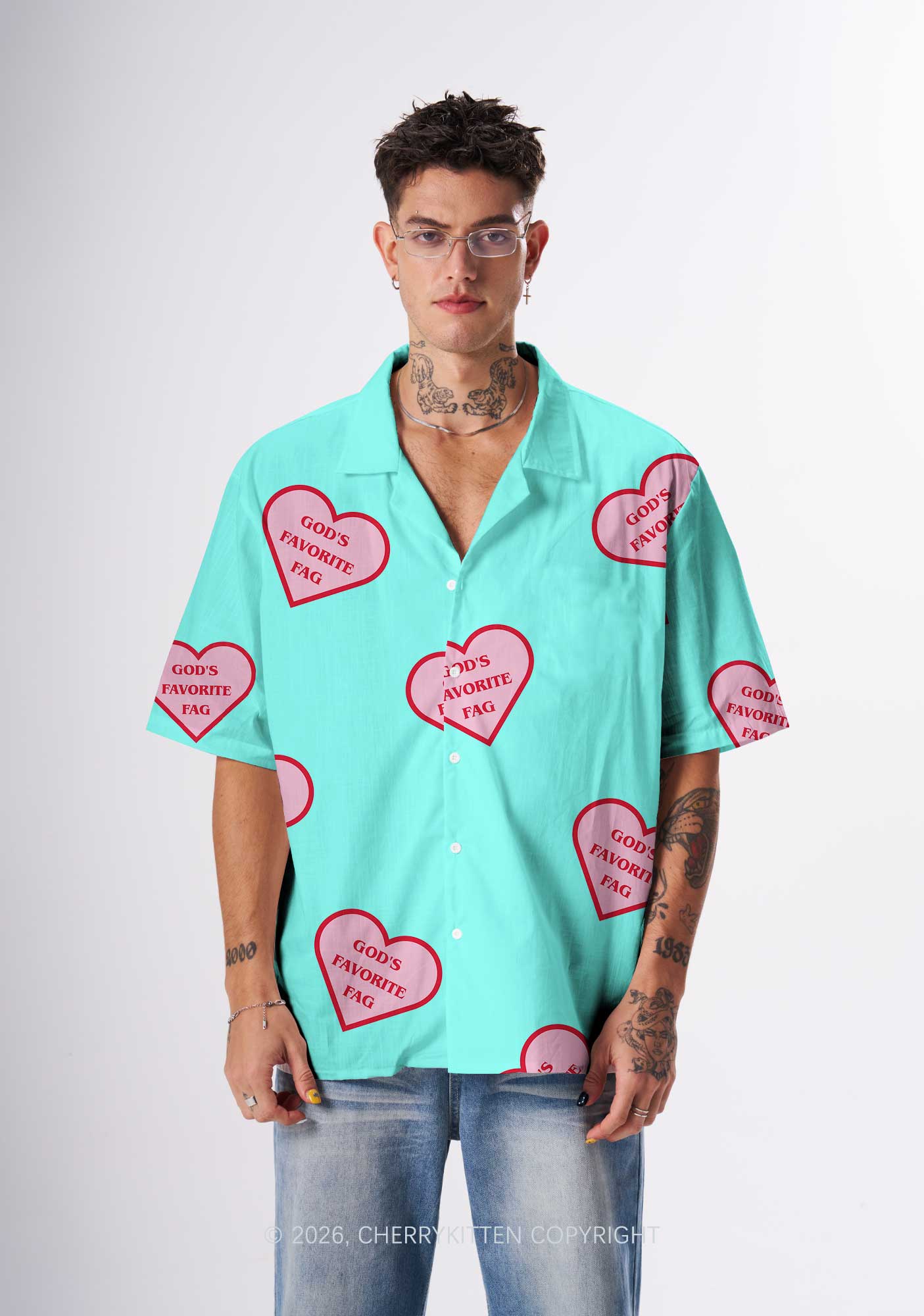 Gods Favorite Fag Heart Pride Y2K Print Hawaiian Shirt Cherrykitten
