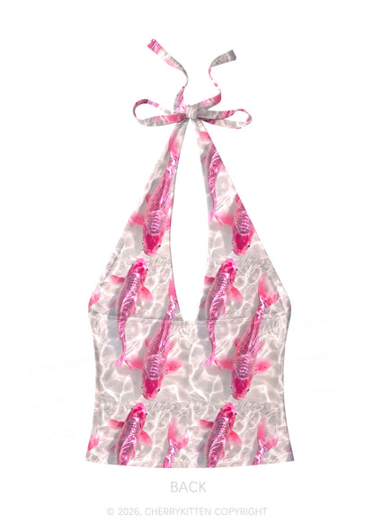 Pink Carp Water Ripple Y2K Print Halter Deep V Neck Cami Cherrykitten
