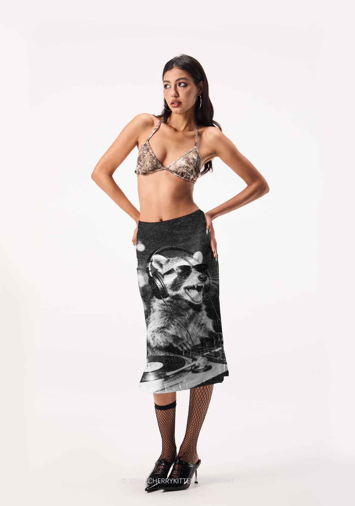 DJ Raccoon Turntable Y2K Print Midi Skirt Cherrykitten