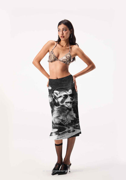 DJ Raccoon Turntable Y2K Print Midi Skirt Cherrykitten