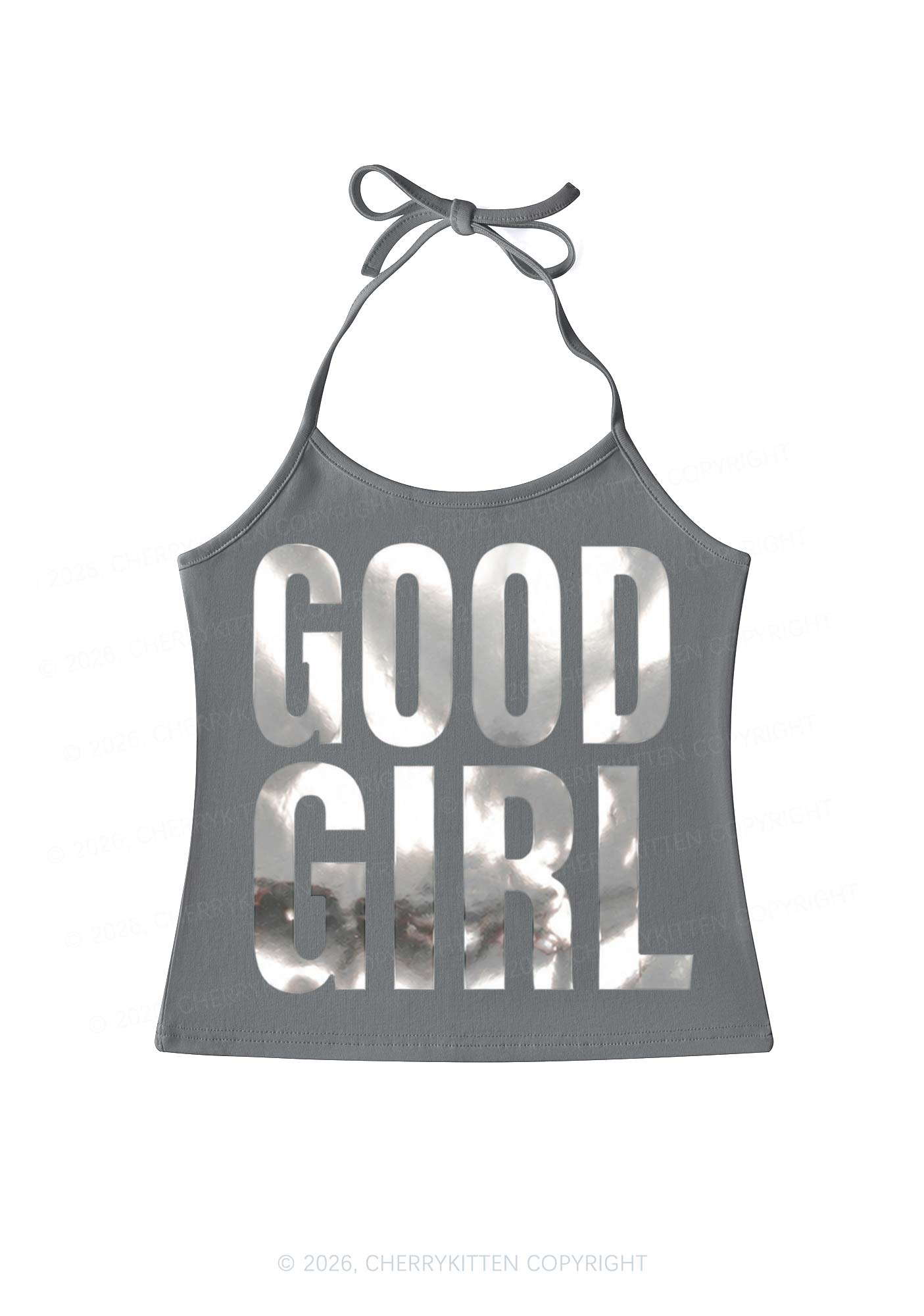 Good Girl Silver Foil Printed Y2K Halter Neck Cami Cherrykitten