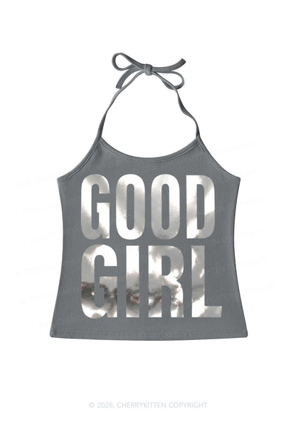 Good Girl Silver Foil Printed Y2K Halter Neck Cami Cherrykitten
