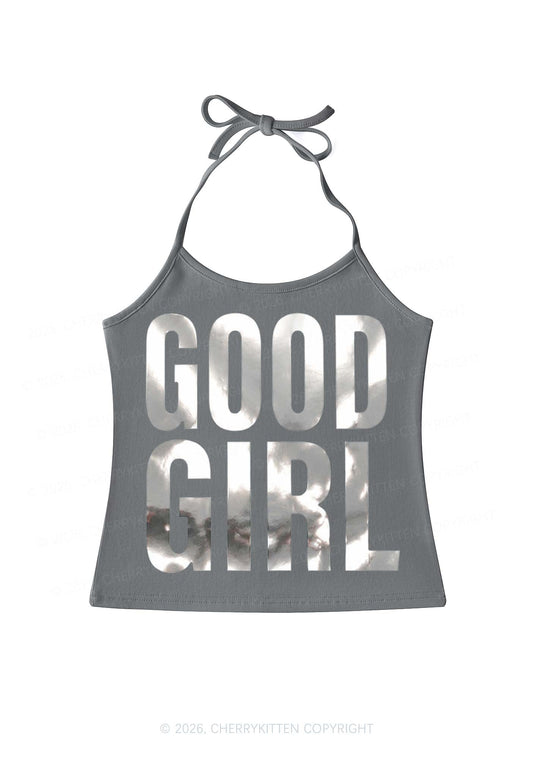 Good Girl Silver Foil Printed Y2K Halter Neck Cami Cherrykitten