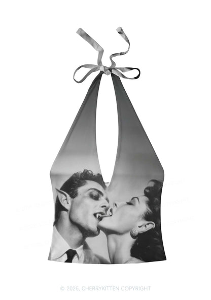 Halloween Vampire Couple Y2K Print Halter Deep V Neck Cami Cherrykitten