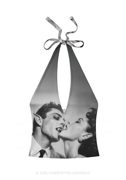 Halloween Vampire Couple Y2K Print Halter Deep V Neck Cami Cherrykitten