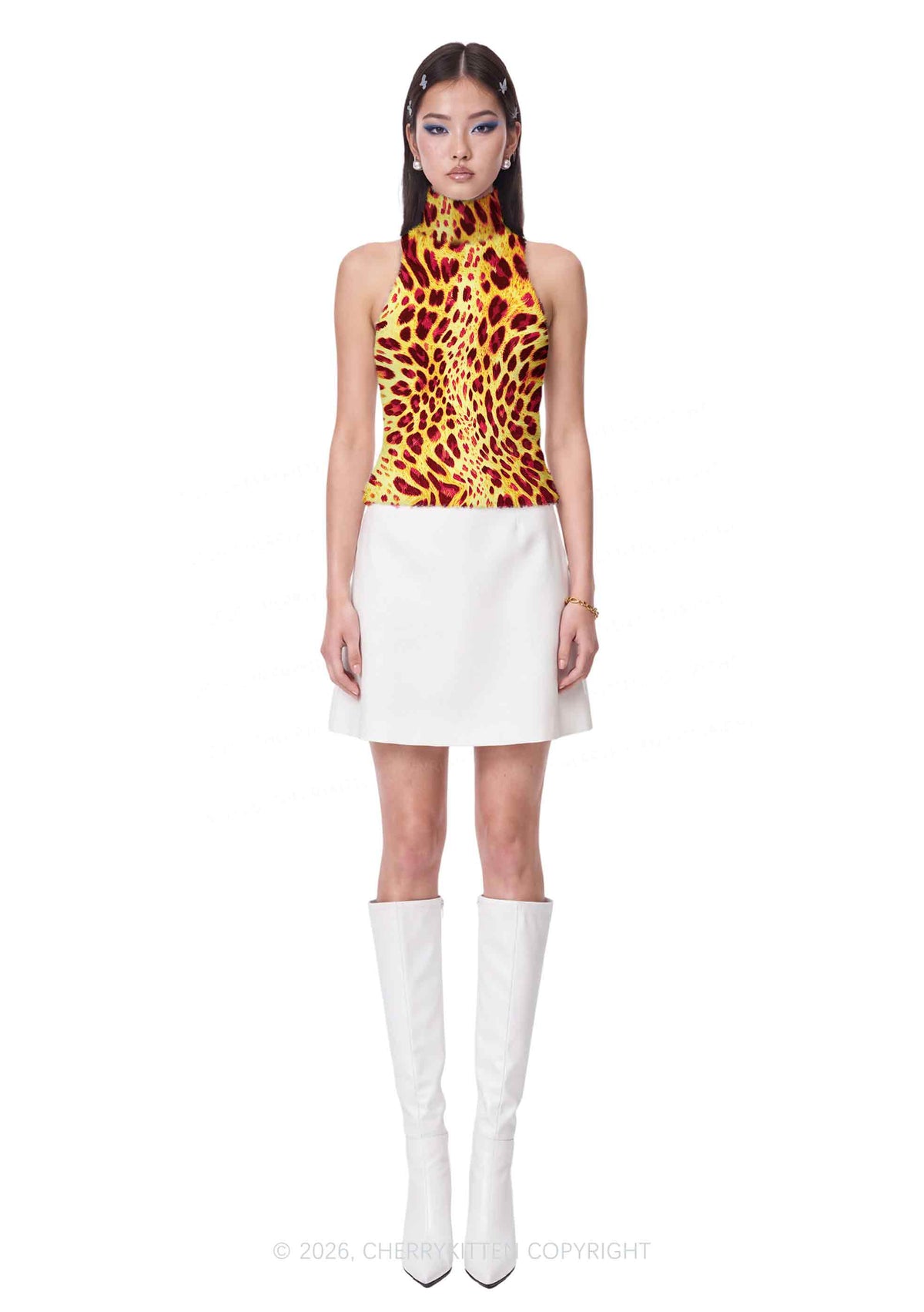 Yellow And Burgundy Leopard Y2K Knit Turtleneck Tank Top Cherrykitten
