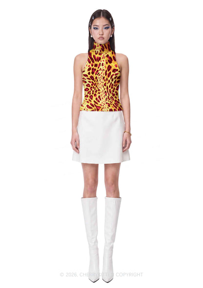 Yellow And Burgundy Leopard Y2K Knit Turtleneck Tank Top Cherrykitten