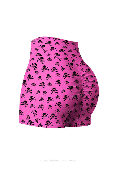 Halloween Pink Skulls Y2K Print Gym Shorts Cherrykitten
