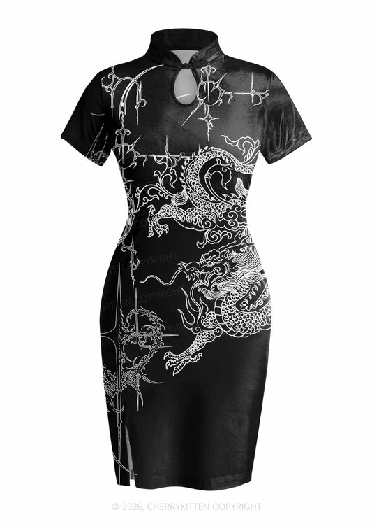 Halloween White Dragon On Black Y2K Cheongsam Mini Dress Cherrykitten