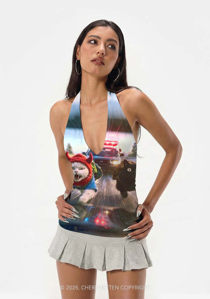 Halloween Chase Cat Y2K Print Halter Deep V Neck Cami Cherrykitten