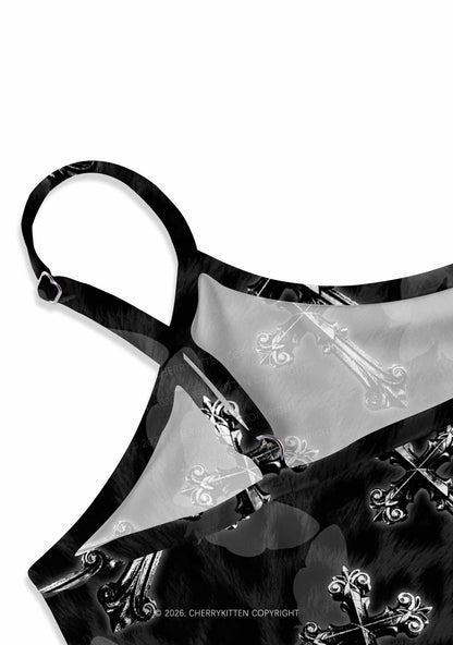 Halloween Gothic Cross Moth Leopard Y2K Print Slip Dress Cherrykitten