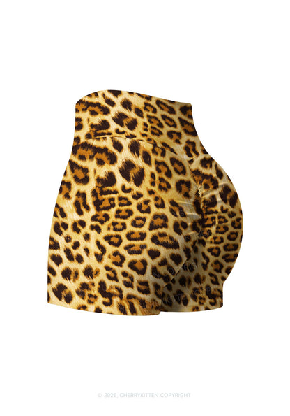 Brown Leopard Y2K Print Gym Shorts Cherrykitten