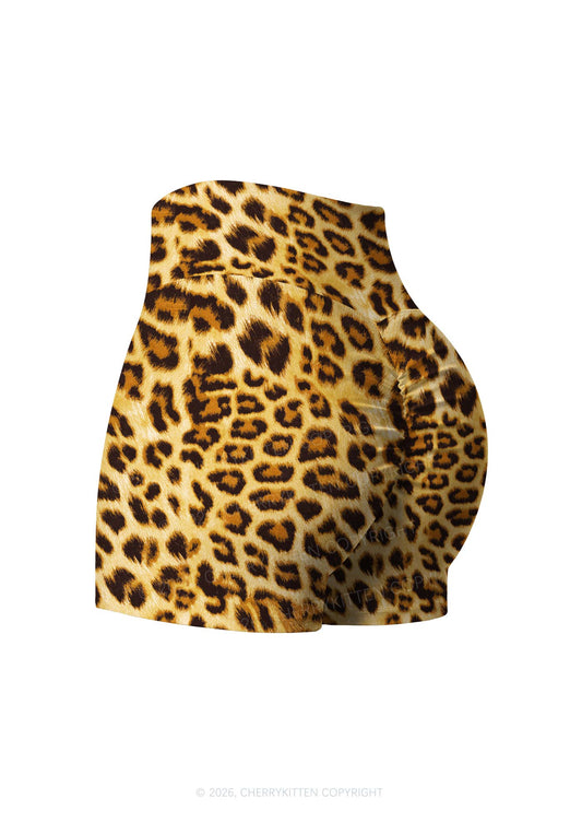 Brown Leopard Y2K Print Gym Shorts Cherrykitten