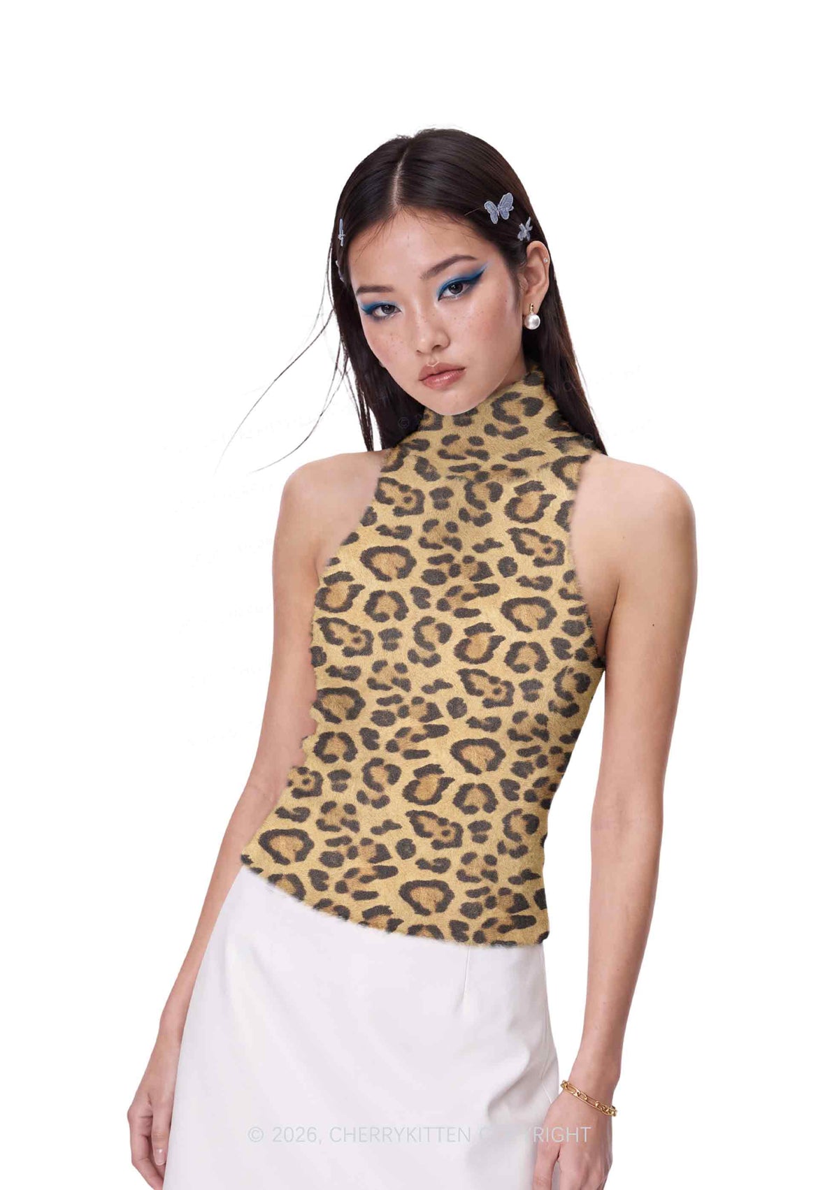 Khaki Leopard Y2K Knit Turtleneck Tank Top Cherrykitten