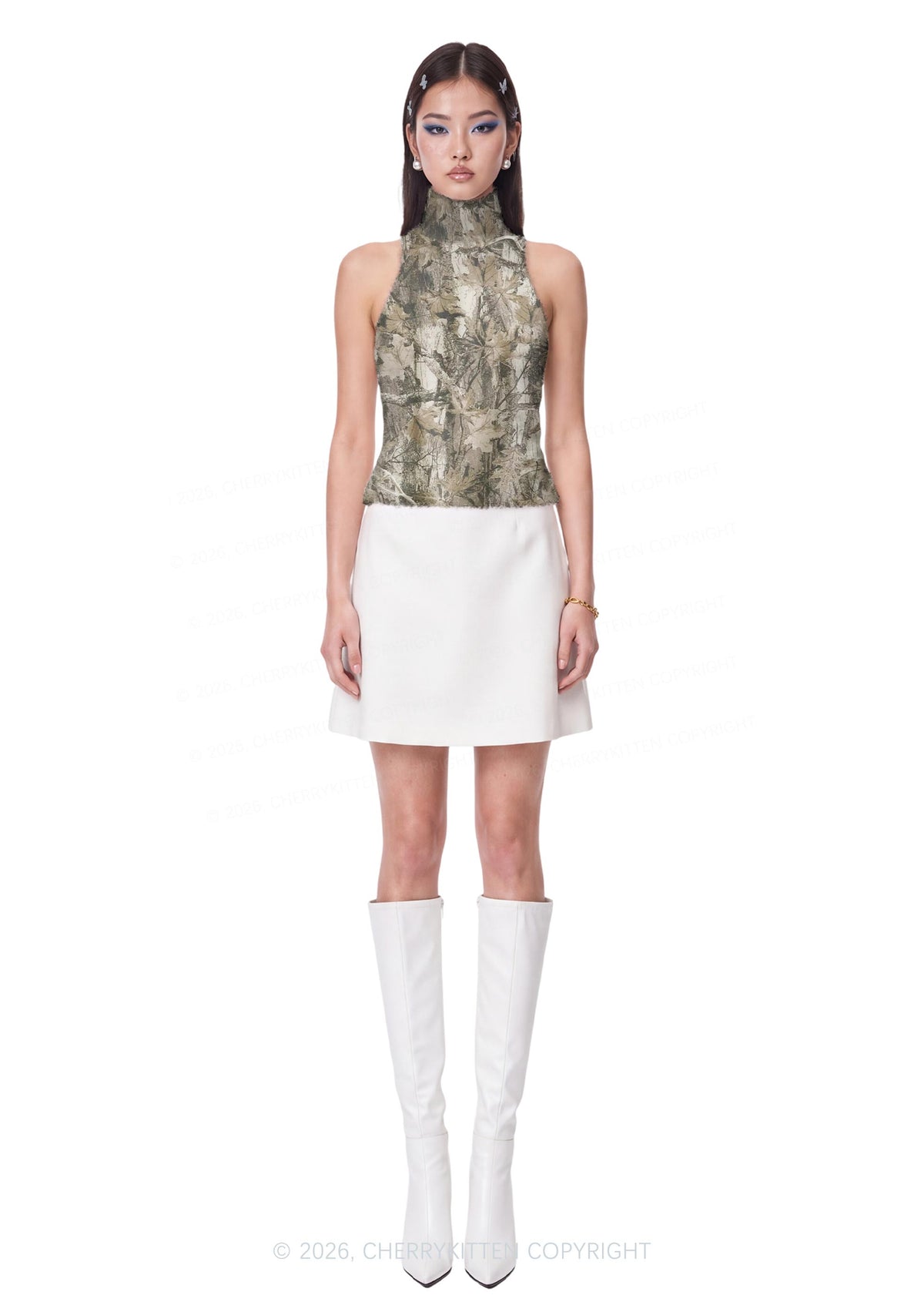 Tree Leaf Camo Y2K Knit Turtleneck Tank Top Cherrykitten
