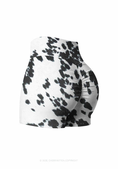 Black And White Cow Dots Y2K Print Gym Shorts Cherrykitten