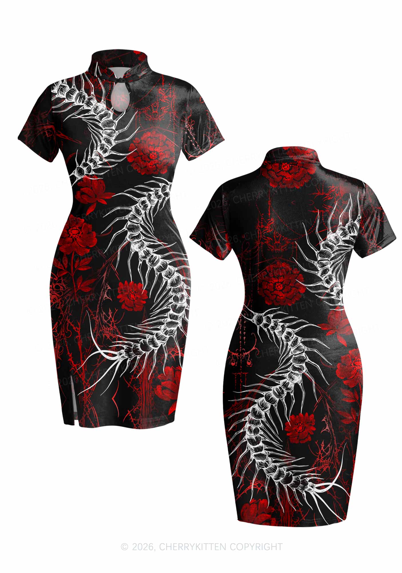 Halloween Centipede Red Floral Y2K Cheongsam Mini Dress Cherrykitten