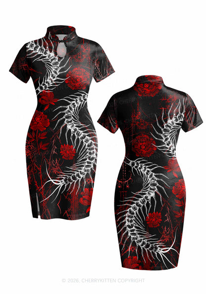 Halloween Centipede Red Floral Y2K Cheongsam Mini Dress Cherrykitten