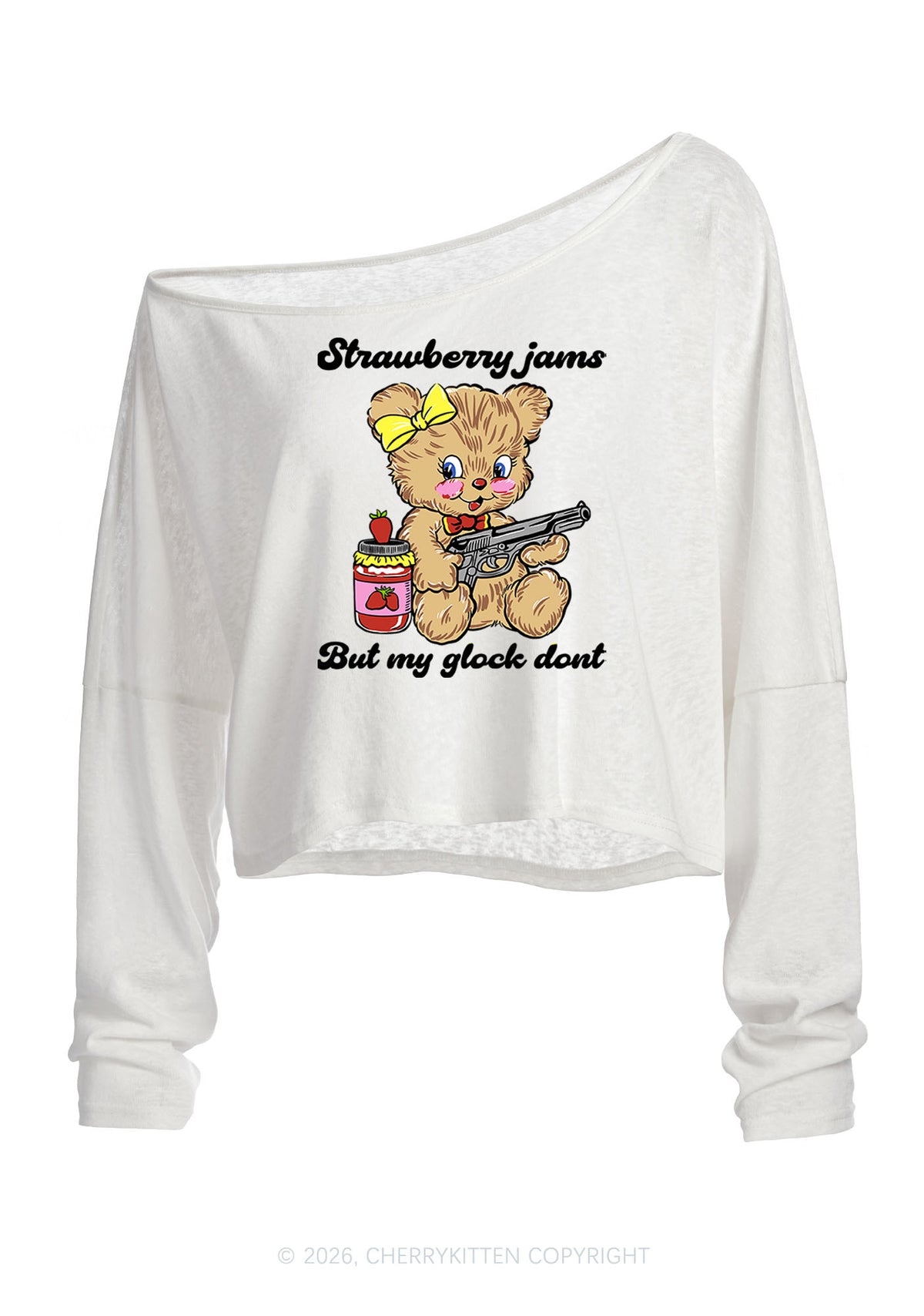 Strawberry Jams Bear Y2K Off Shoulder Long Sleeve Crop Top Cherrykitten
