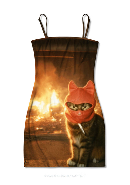 Halloween Red Ear Hood Cat Y2K Print Slip Dress Cherrykitten