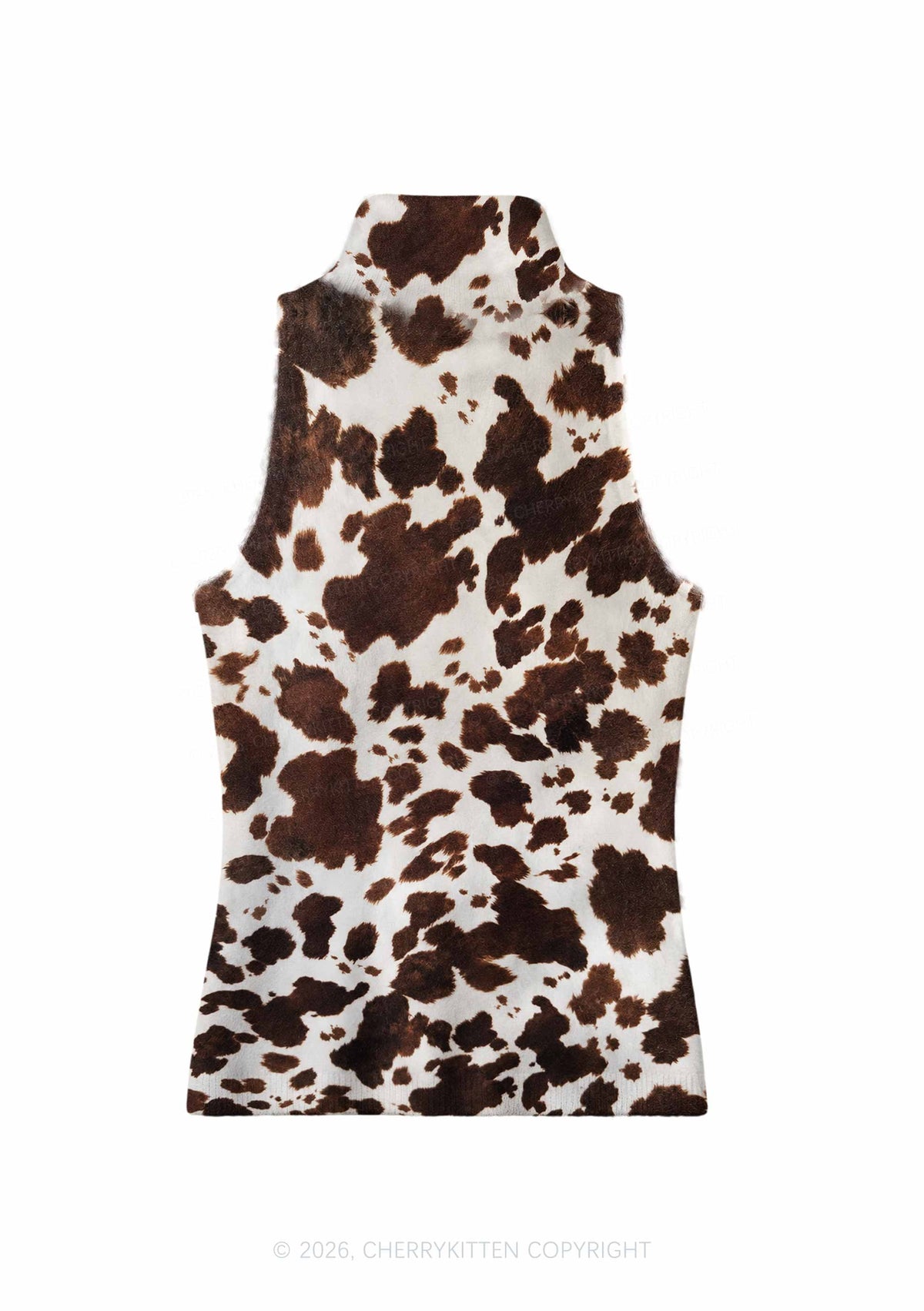 Brown And White Cow Dots Y2K Knit Turtleneck Tank Top Cherrykitten