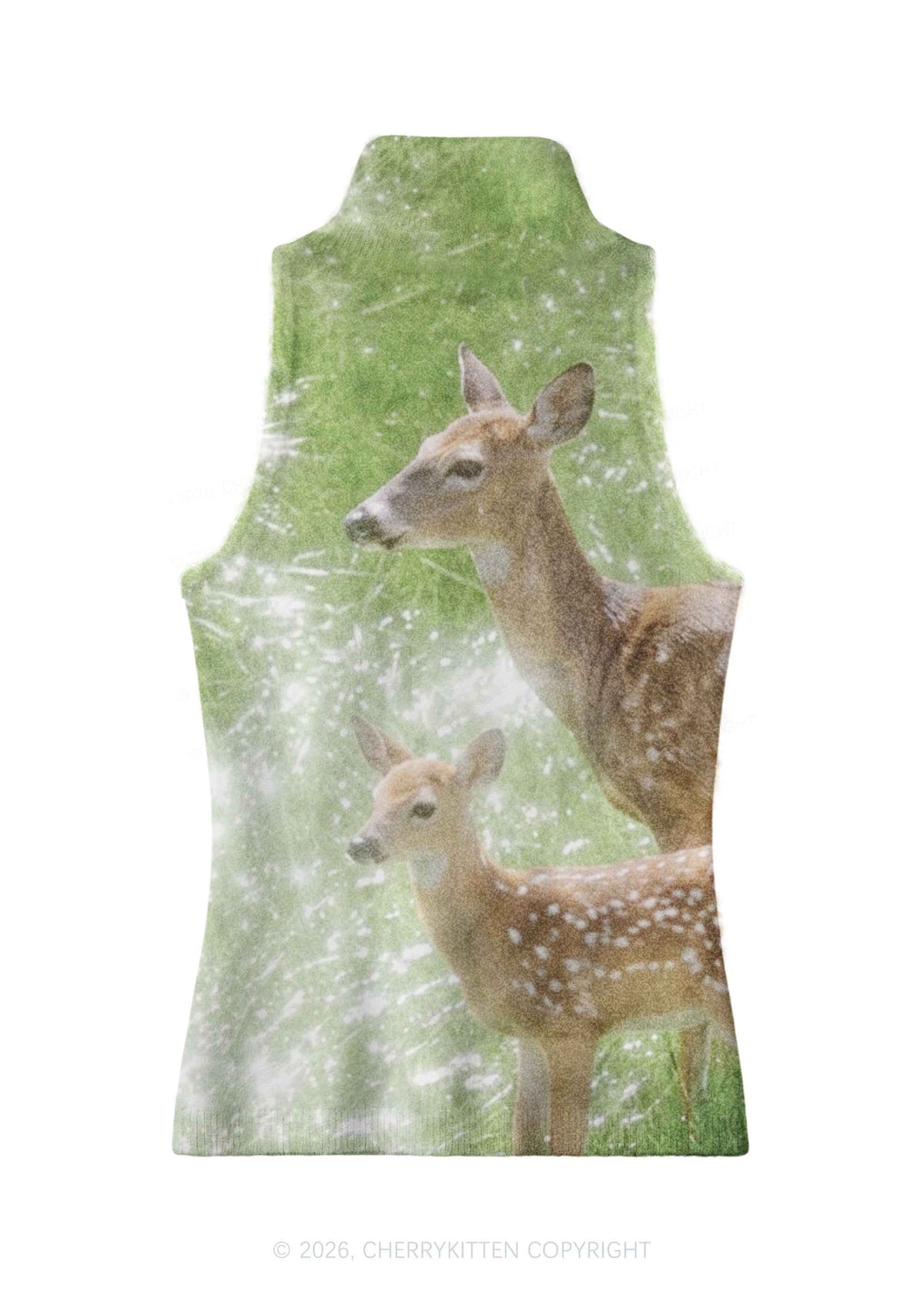 Forest Deer Family Y2K Knit Turtleneck Tank Top Cherrykitten