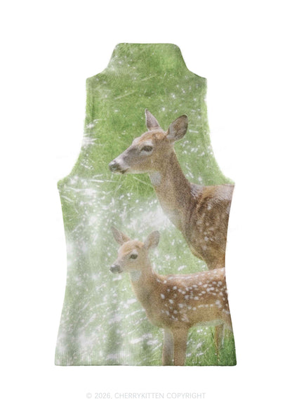 Forest Deer Family Y2K Knit Turtleneck Tank Top Cherrykitten