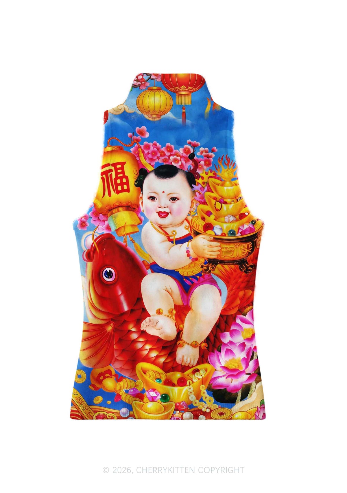 Chinese New Year Fortune Chubby Baby Y2K Knit Turtleneck Tank Top Cherrykitten
