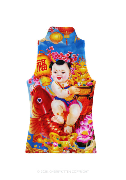 Chinese New Year Fortune Chubby Baby Y2K Knit Turtleneck Tank Top Cherrykitten