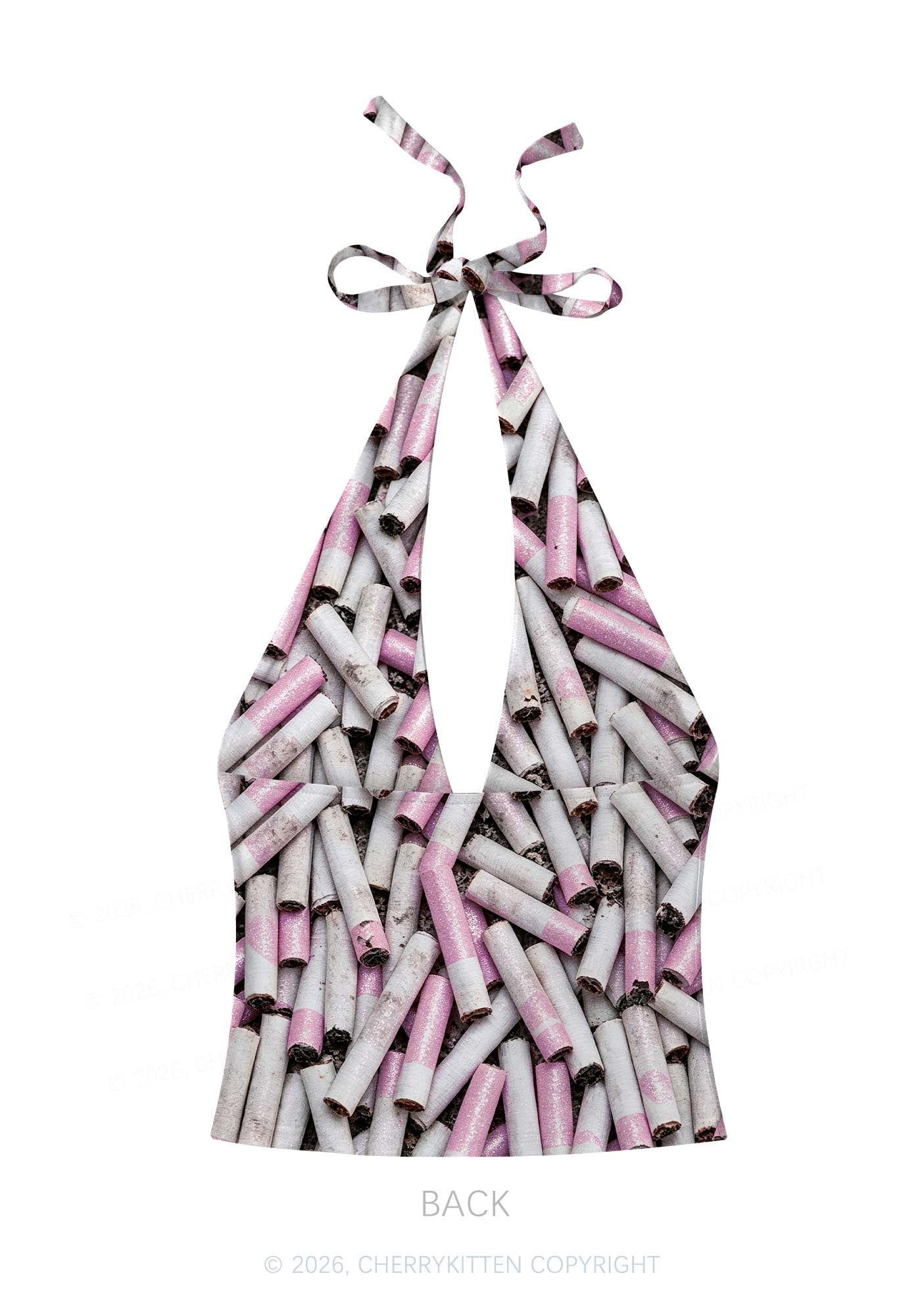 Pink White Cigarette Y2K Print Halter Deep V Neck Cami Cherrykitten