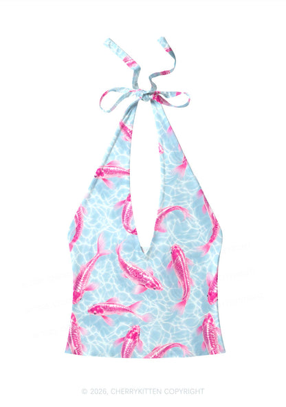Pink Koi Fish Y2K Print Halter Deep V Neck Cami Cherrykitten